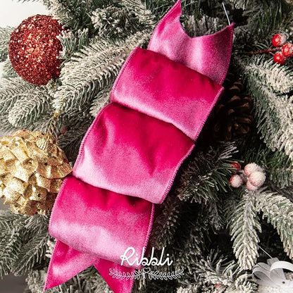 Ribbli Hot Pink Velvet Wired Ribbon 4 Inch Velvet with Satin Christmas Ribbon for Gift Wrapping Christmas Tree Decoration Crafts Wreaths Supplies-Continuous 10 Yards