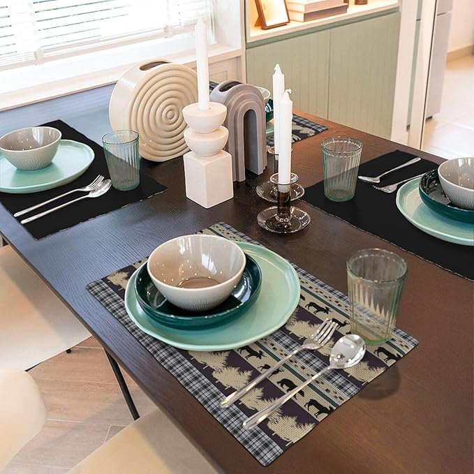 Rustic Deer Placemats Set of 4,Wild Bear Deer Paw Print Decor Kitchen Mats for Pattern Rustic Farmhouse Style Place Mats for Dining Table 12x18 Inch 4 PCS