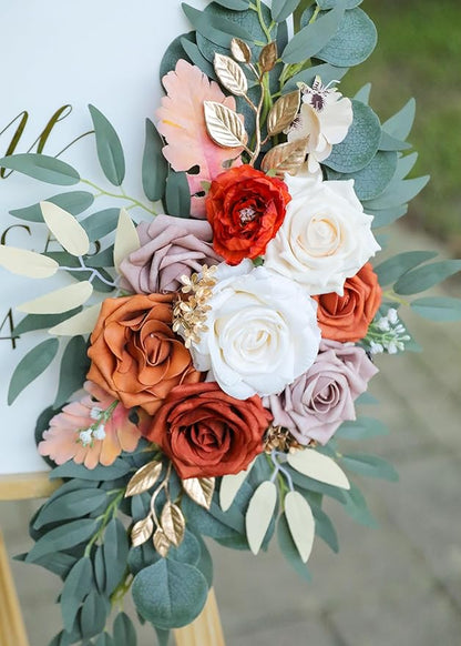 Burnt Orange Wedding Arch Flowers, Artificial Flowers for Wedding Welcome Signs and Autumn Weddings Reception Ceremony Decoration, Fall Flowers Decor (Set of 2)
