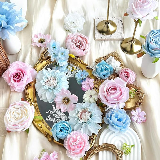 Artificial Flowers Combo Box Set Baby Blue Pink Silk Roses with Stems Crystal DIY Pastel Rainbow Bridal Wedding Bouquets Cake Fake Floral Arrangements Baby Shower Party Table Centerpieces Home Decor