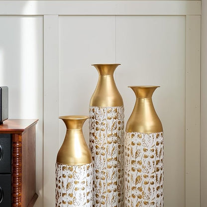 Gilded White 3D Relief Flower Metal Vase Set of 3, Elegant Tall Cylinder Vases for Home Decoration, Modern Gold & White Decorative Floor Vases for Living Room or Entryway