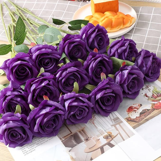 15Pcs Purple Roses Artificial Flowers Fake Roses Long Stem Velet Rose Silk Flowers for Home Wedding Decoration (Round Roses,Pure Purple)