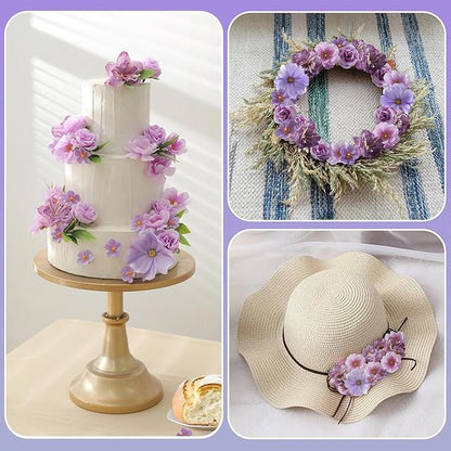 210Pcs Mini Fake Flower Heads Purple Small Silk Faux Flower Heads Artificial Rose Daisy Multicolor Flowers Bulk for Cake Crafts DIY Graduation Cap Wedding Hair Dresses Wreath Party Home Decor