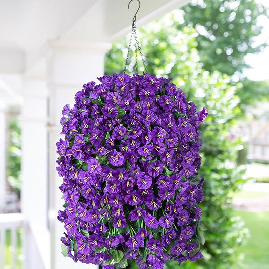 Artificial Fake Flowers Plants Hanging Baskets Outdoor Outside Spring Decor, Faux Silk Purple UV Resistant Look Real Morning Glory Home Patio Porch Balcony Decoration