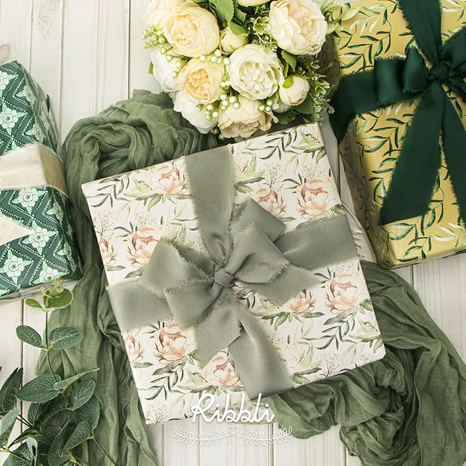 Ribbli Dusty Sage Green Silk Satin Ribbon 1.5 Inch x 30 Yard Handmade Frayed Chiffon Dusty Sage Ribbon for Gift Wrapping Wedding Invitations Bridal Bouquets Home Decor