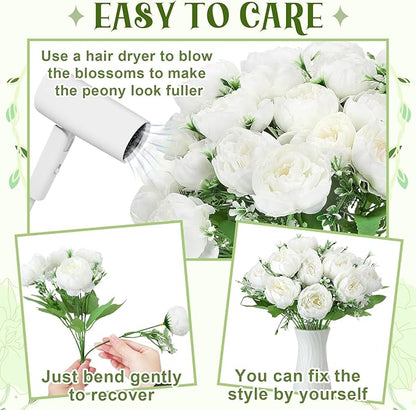 8 Pack White Peonies Artificial Flowers, Fake Silk Hydrangea Bouquet for Bridal Wedding Home Table Decor Reusable Dining Opening Ceremony Birthday Arrangement Faux Floral