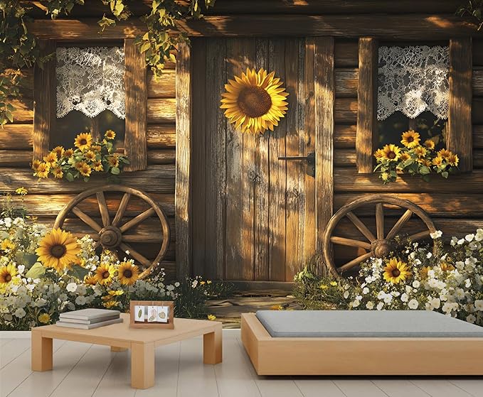 Rustic Cabin Sunflower Wall Mural, Vintage Cottage Door Sunflower 3D Wall Murals, Farmhouse Nature Wallpaper Mural, for Living Room Bedroom Large Wallpaper Indoor Decor 169.3" W x118.2 H