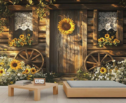 Rustic Cabin Sunflower Wall Mural, Vintage Cottage Door Sunflower 3D Wall Murals, Farmhouse Nature Wallpaper Mural, for Living Room Bedroom Large Wallpaper Indoor Decor 169.3" W x118.2 H