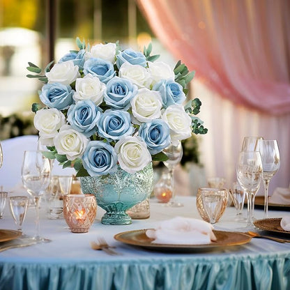 20PCS Artificial Roses with Long Stems - Realistic Silk Flowers, Fake Roses Real Touch Bouquet Roses for Home Decor, Bridal Wedding Table Centerpieces, Faux Rose Flowers (White&Sky Blue)