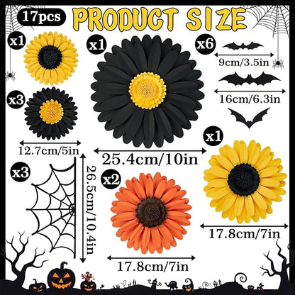 Paper Flowers Decorations for Wall, Black and Orange Party Decorations 3D Large Artificial Flower Hanging Paper Fans Fall Bulletin Board Decoration for Classroom Autumn Thanksgiving Window Fall Decal