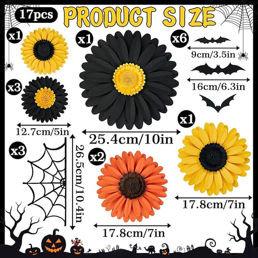 Paper Flowers Decorations for Wall, Black and Orange Party Decorations 3D Large Artificial Flower Hanging Paper Fans Fall Bulletin Board Decoration for Classroom Autumn Thanksgiving Window Fall Decal