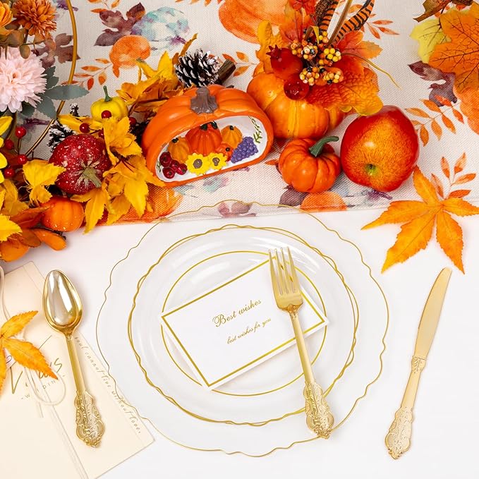 YOUBET 125PCS Thanksgiving Plastic Plates - Clear Gold Disposable Plates - 25 Guests Baroque Plastic Dinnerware Includes 25Dinner Plates, 25Dessert Plate, 75Silverware for Party & Wedding
