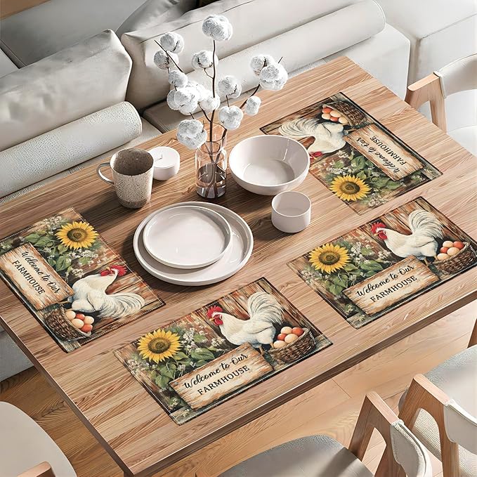 Farmhouse Rooster Placemats Set of 6, Rustic Chicken Place Mats, Country Sunflower Dining Table Mats, Washable Placemats for Kitchen Dining Room Home Decor 18L'' × 12W''