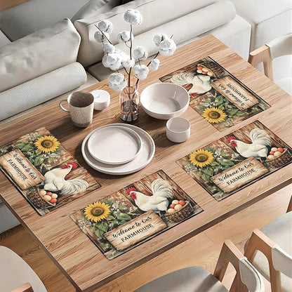Farmhouse Rooster Placemats Set of 6, Rustic Chicken Place Mats, Country Sunflower Dining Table Mats, Washable Placemats for Kitchen Dining Room Home Decor 18L'' × 12W''
