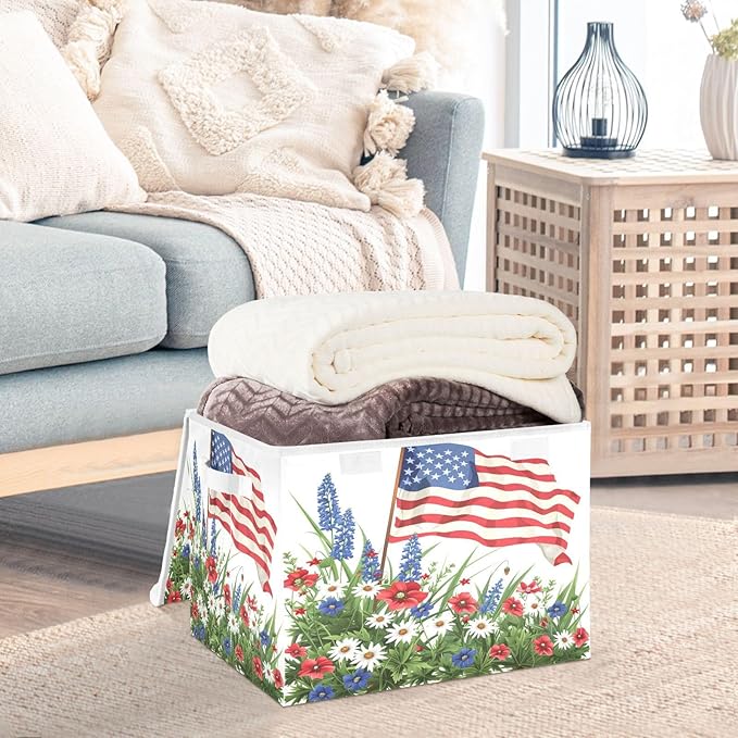 July Fourth Baskets Collapsible Storage Bins with Lids, Wildflowers American Flag Storage Boxes Clothes Baskets for Organizing