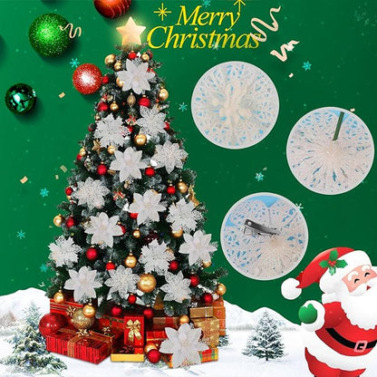 RECUTMS 66 Pcs 3 Styles White Christmas Ornaments Christmas Glitter Poinsettia Flowers Artificial Christmas Tree Flower Decorations Wedding Wreath Floral Decorations(White)