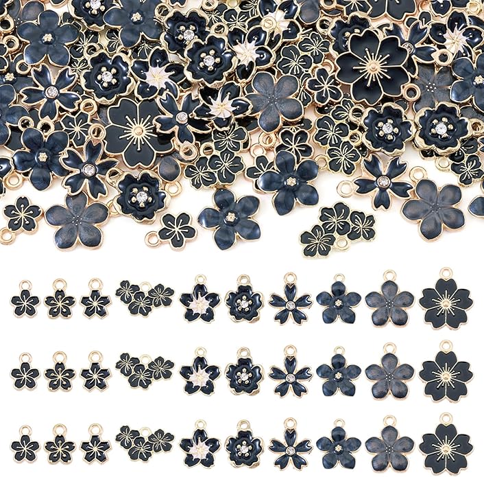 KISSITTY 100Pcs Light Gold Alloy Enamel Charms Cherry Blossom Flower Charm Bulk Gold Plated Pendant Cute Small Floral Dangle Charms for DIY Jewelry Making Kit Bracelet Necklace Keychain Crafts