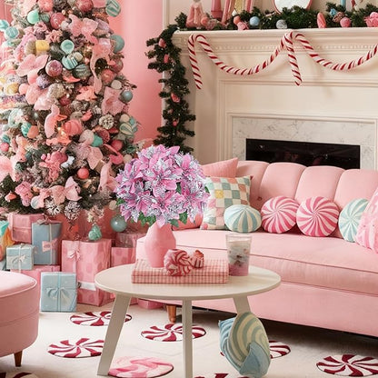 4 Pcs Artificial Poinsettia Flowers Christmas Flowers Ornaments Glitter Faux Flowers 5 Stem Poinsettia Floral with Stem Leaf for Home Party Christmas DIY Craft Holiday Decor（Pink）