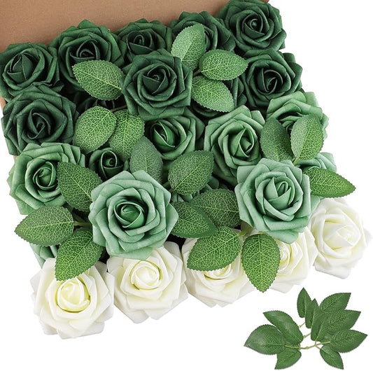 AmyHomie 25pcs Real Looking Artificial Shades of Forest Roses w/Stem for DIY Wedding Bouquets Centerpieces Arrangements Party Baby Shower Valentines Day Christmas Tree Decorations