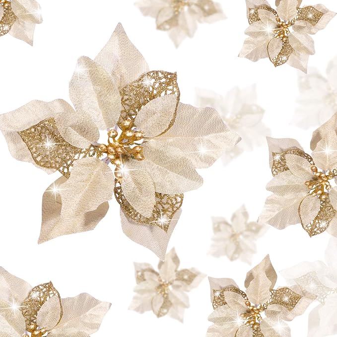 WILLBOND 36 Pieces Christmas Poinsettia Glitter Faux Flowers Christmas Artificial Flowers Tree Ornaments Topper Xmas Decorations(Gold)