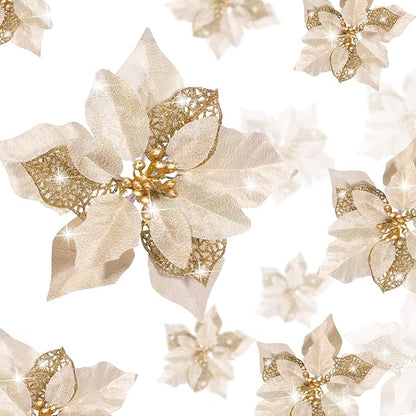 WILLBOND 36 Pieces Christmas Poinsettia Glitter Faux Flowers Christmas Artificial Flowers Tree Ornaments Topper Xmas Decorations(Gold)