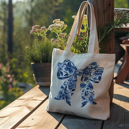 Blue and White Chinoiserie Prints Canvas Tote Bag for Women, Reusable Folding Shopping Bags with Handles