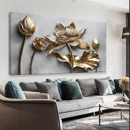 Large Wall Art For Living Room Floral Wall Artwork Modern Canvas Art Wall Decor 29" X 58" Painting Gold Flower Wall Art For Bedroom Hotel Office Apartment Decoration