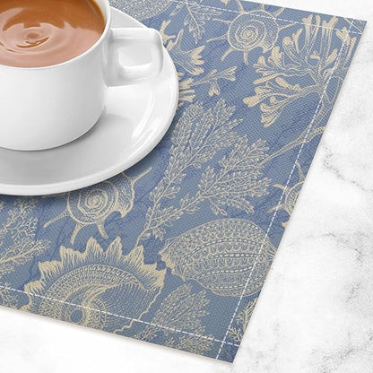 Nautical Themed Placemats Beach Coastal Coral Starfish Shell Art Printed Dining Table Mats Set of 4 for Restaurant Home Kitchen Holiday Picnic Party Decor 12x18in