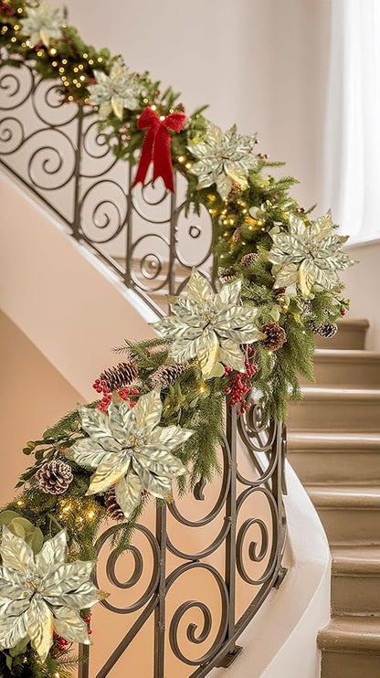 3 Pcs Artificial Christmas Flowers 11 Inch Glitter Poinsettia Picks Christmas Tree Ornaments Topper Decorations Champagne Poinsettias Flowers for Xmas New Year Wreath Garland Wedding Party Decor