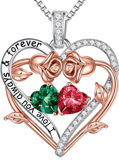 Iefil Rose Heart Double Birthstone Necklace Gifts for Wife Her Mom Women, Birthstone Jewelry Gemstone Birthday Gifts for Girlfriend Grandma Her Wife Women