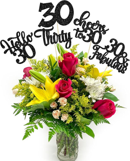 Gyufise 15Pcs 30th Birthday Centerpiece Sticks Thirty Happy 30th Table Flower Centerpieces Sticks Cheers to 30 Floral Decorations for 30th Birthday Party Centerpieces Supplies Black