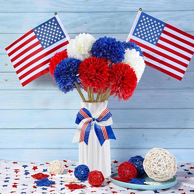 12 Pcs Artificial Chrysanthemums Flowers Patriotic Flowers 4th of July Fake Mums Flowers Silk Red White Blue Flower for Home Decor Indoor Memorial Day Table Centerpiece (12, Red White Blue)