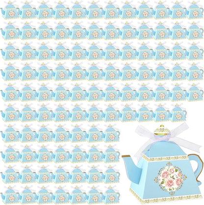 Jetec 100 Pcs Teapot Candy Box Floral Flower Tea Party Favor Gift Box Candy Boxes for Tea Garden Wedding Favors Bridal Showers Brunches Birthdays Decorations(Blue)