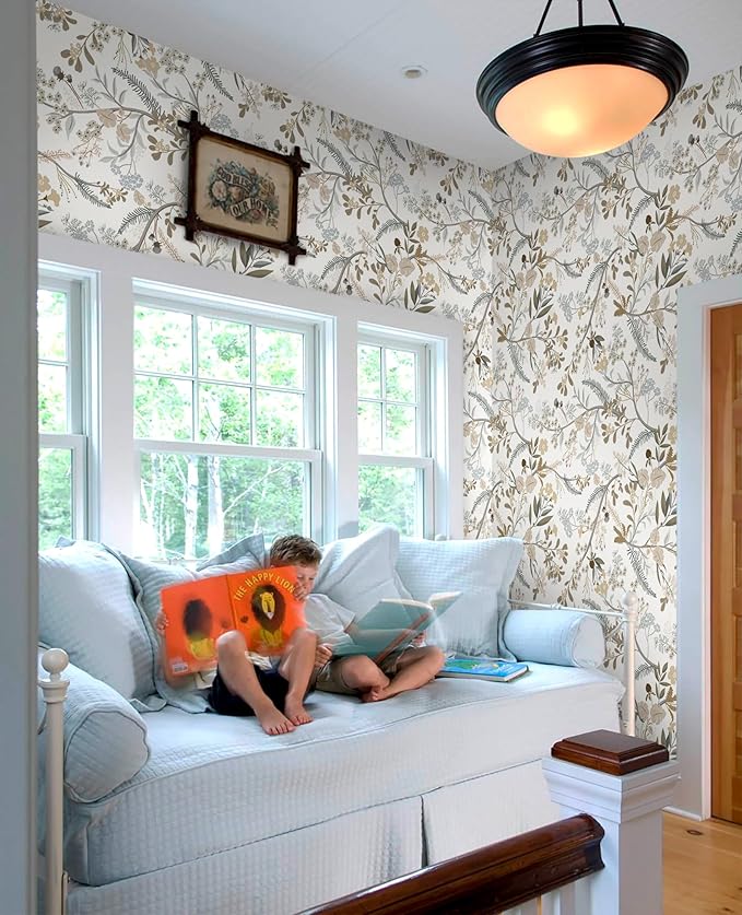 Guvana 16.14"x197" Floral and Leaf Wallpaper Floral Peel and Stick Wallpaper Leaves Contact Paper Colorful Flowers Removable Wall Paper for Room Wall Decor（Off-White Background）