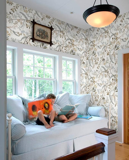 Guvana 16.14"x394" Floral Peel and Stick Wallpaper Leaves Contact Paper Floral and Leaf Wallpaper Colorful Flowers Self Adhesive Wall Paper for Home Wall Decor（Off-White Background）