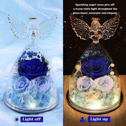 FIACO Gifts for Women Preserved Rose Forever Flower Rose in Glass Angel Figurine Preserved Fresh Flowers for Delivery Prime Mothers Day Birthday Gifts for Mom Grandma Wife Sister Blue