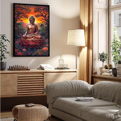 Golden Buddha on lotus seat serene meditation statue amidst lush trees flowing water and sunrise light spiritual home art for a tranquil decor 12x18in Metal blackFramed