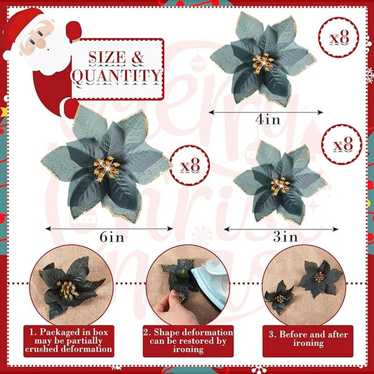 WILLBOND 24 Pcs 3 Size Poinsettia Flower Artificial Christmas Decor Glitter Poinsettia Christmas Ornaments Faux Flowers for Xmas Tree Outdoor(3.2/4/6 Inches,Black Green)