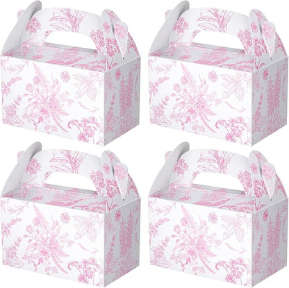 Dunzoom 24 Pack Pink Floral Paper Gift Boxes Party Favor Gift Gable Boxes with Chinoiserie Floral Printed Candy Treat Box for Wedding Birthday Tea Bridal Shower Party