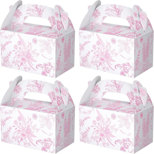 Dunzoom 24 Pack Pink Floral Paper Gift Boxes Party Favor Gift Gable Boxes with Chinoiserie Floral Printed Candy Treat Box for Wedding Birthday Tea Bridal Shower Party