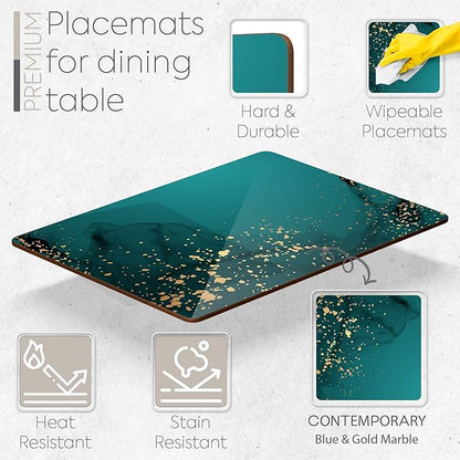 Set of 4 Heat Resistant Cork Placemats for Dining Table with Free Set of 4 Matching Drink Coasters Deep Green and Gold Design 16 x 12 Inches Cork Backed Hard Placemats (Green Serenity)
