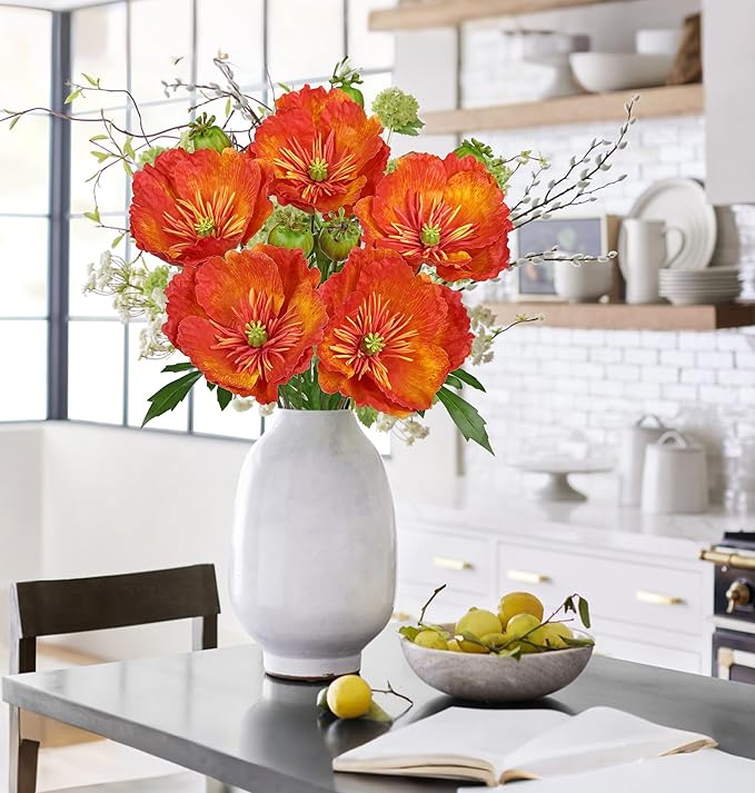 Hollyone 5Pcs Dark Orange Poppy Flowers Artificial Bouquet 32.2" Silk Fake Poppy Flowers Arrangement Real Touch Faux Poppies Flower Long Stem for DIY Wedding Party Table Centerpiece Table Home Decor