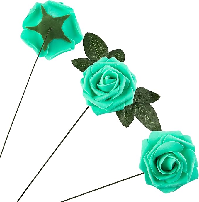 Artificial Flower Foam Rose 25pcs Real Looking Fake Rose with Stems Leaves for Home Decoration Party Garden Centerpieces DIY Wedding Bouquets（Tiffany）