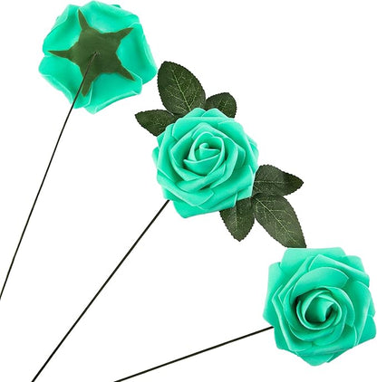 Artificial Flower Foam Rose 25pcs Real Looking Fake Rose with Stems Leaves for Home Decoration Party Garden Centerpieces DIY Wedding Bouquets（Tiffany）