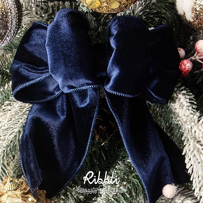 Ribbli Navy Velvet Wired Ribbon 4 Inch Velvet with Satin Christmas Ribbon for Gift Wrapping Christmas Tree Decoration Crafts Wreaths Supplies-Continuous 10 Yards