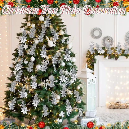 18 Pack 3 Styles 17 Inch Christmas Glitter Poinsettia Berry Stems Ornaments Artificial Floral Branches Picks for Christmas Tree Home Vase Holiday Party Decor(Silver)