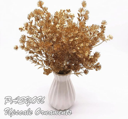 PASYOU Fake Plants Decoration for Christmas, Artificial Flowers Golden Plastic Leaves Grass Faux Outdoor Indoor Home Garden Party Room Bedroom Office Wedding Table Centerpiece DIY Decor, Gold 2 Pack