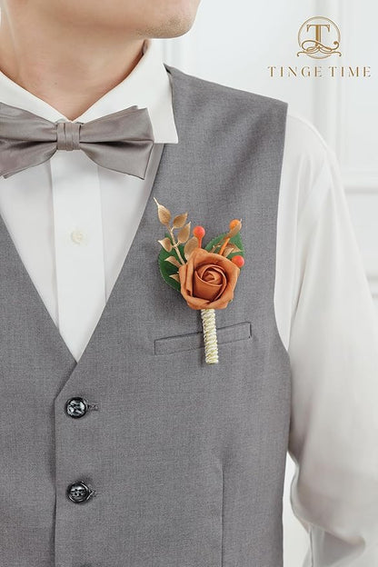 TINGE TIME Boutonniere for Men Wedding,Groom and Best Man Boutonniere for Wedding Ceremony Anniversary, Formal Dinner Party and Rustic Spring Wedding Marriage (2, BurntOrange)