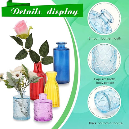 Yaomiao 30 Pcs Vases Bulk Colored Flower Glass Christmas Vases Bud Vintage Colored Glass Bottles Colorful Rustic Embossed for Home Wedding Table Decorations Gifts(Bright Color)