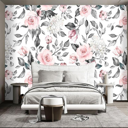 Grey Leaf Pink Flowers Wall murals Floral Peel and Stick Wallpaper for Bedroom Living Room - 96"x137"